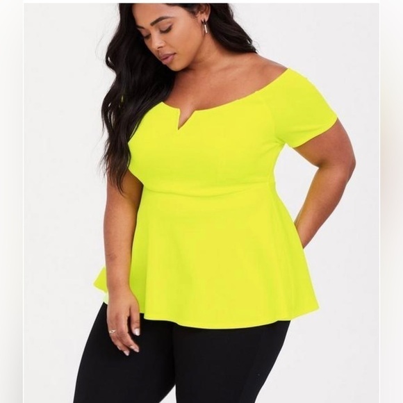 TORRID Scuba Off-Shoulder V Bar Peplum Top Neon Yellow Size 14/16 NWT - Picture 3 of 12